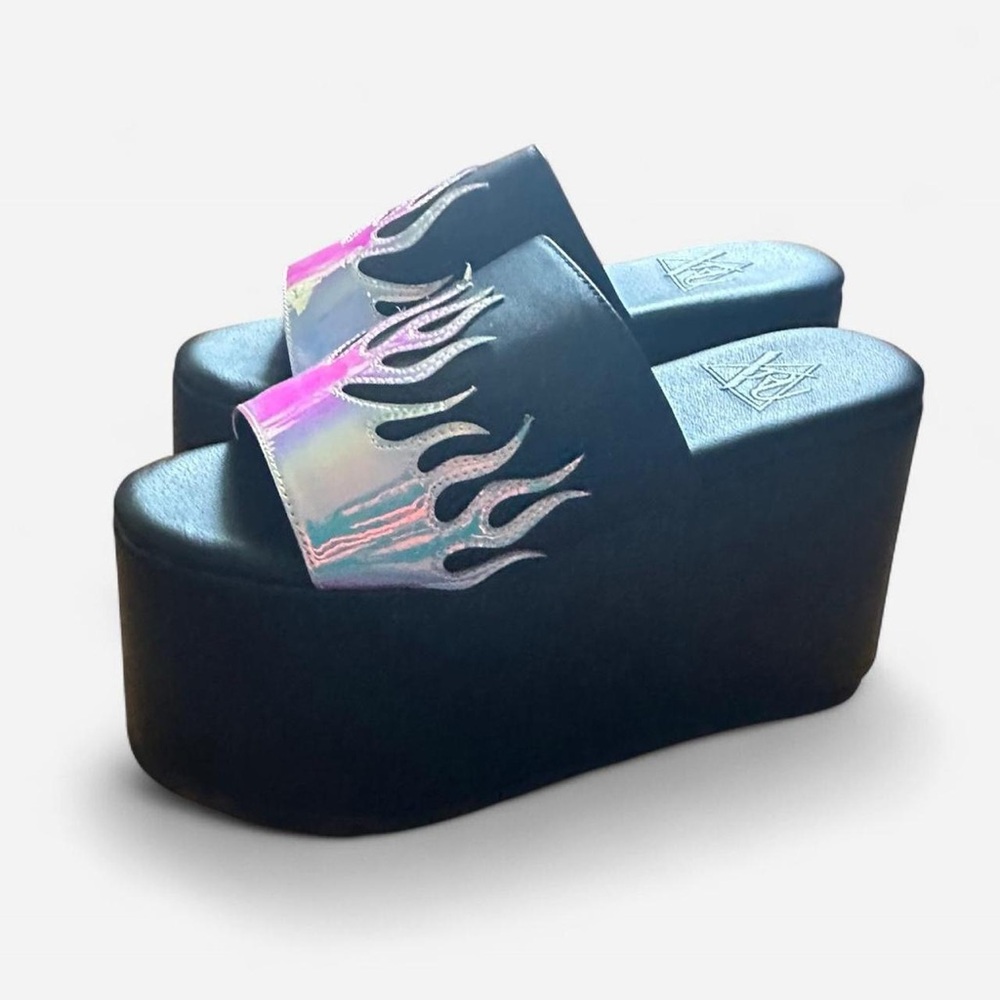 Black and Purple Holographic Flame Platform Sandals